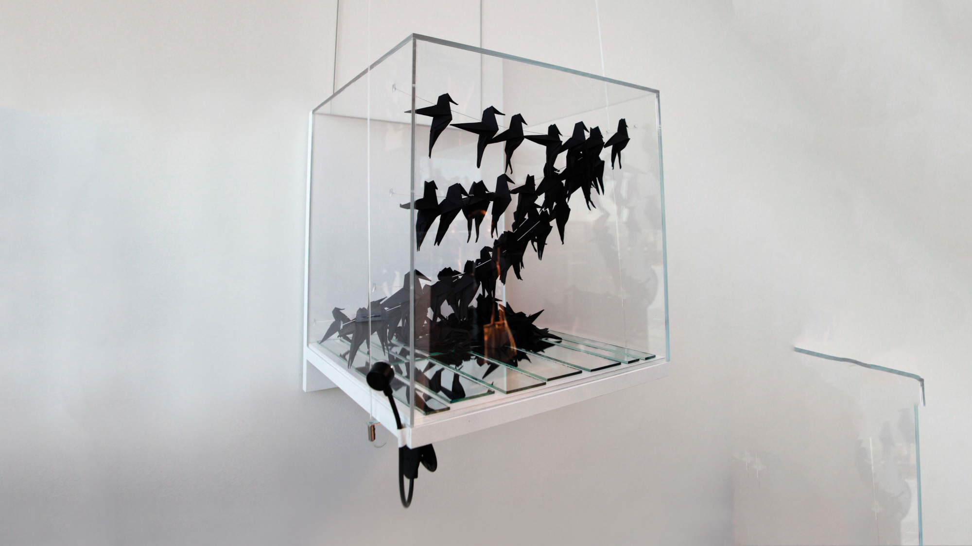 A plexiglass cube with black origami birds perched on a wire, filling the box. 