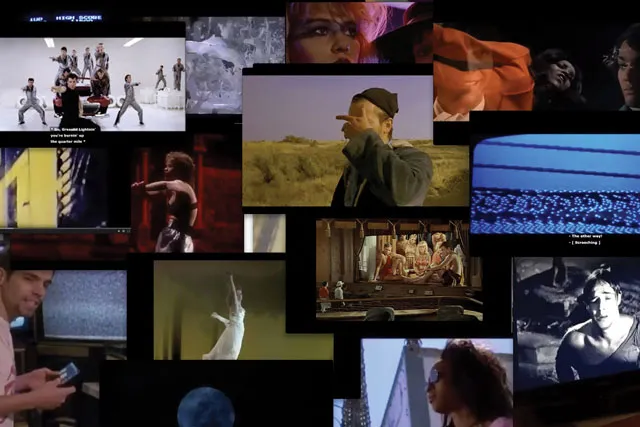 A collage of film stills depicting various people and TV channels. 