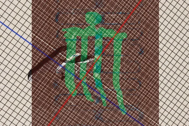 AN abstract green comb shape overlaid with a grid and red and blue lines. 