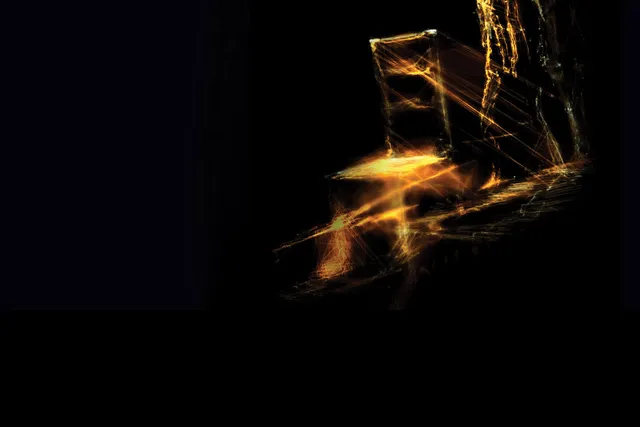 A computer drawn image of streaks and scratches of orange light on a black background. 