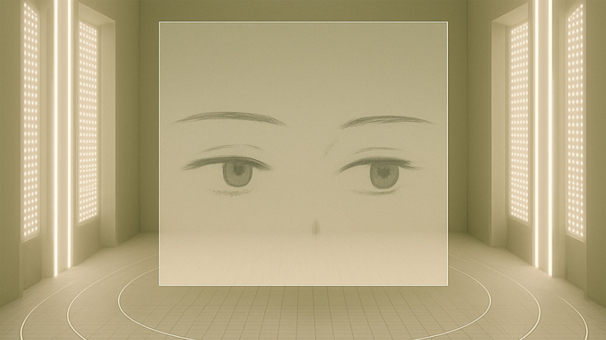 A central rectangular box with anime-inspired eyes in them floats in front of a gold yellow computer-drawn background.