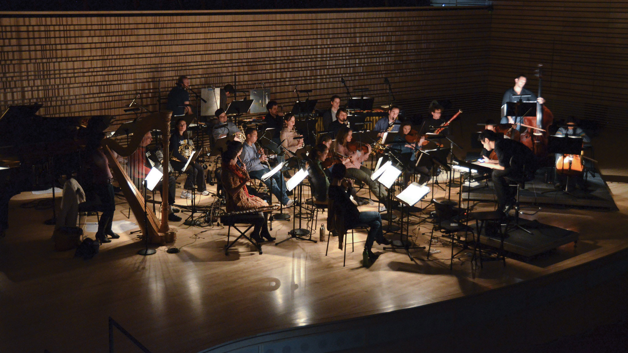 An orchestra performing on the concert hall stage in dim lighting. 