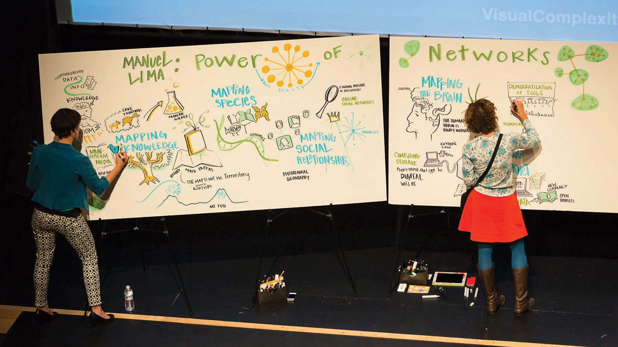 Two people dressed colorfully drawing an infographic about the 'Power of Networks' on large white boards. 