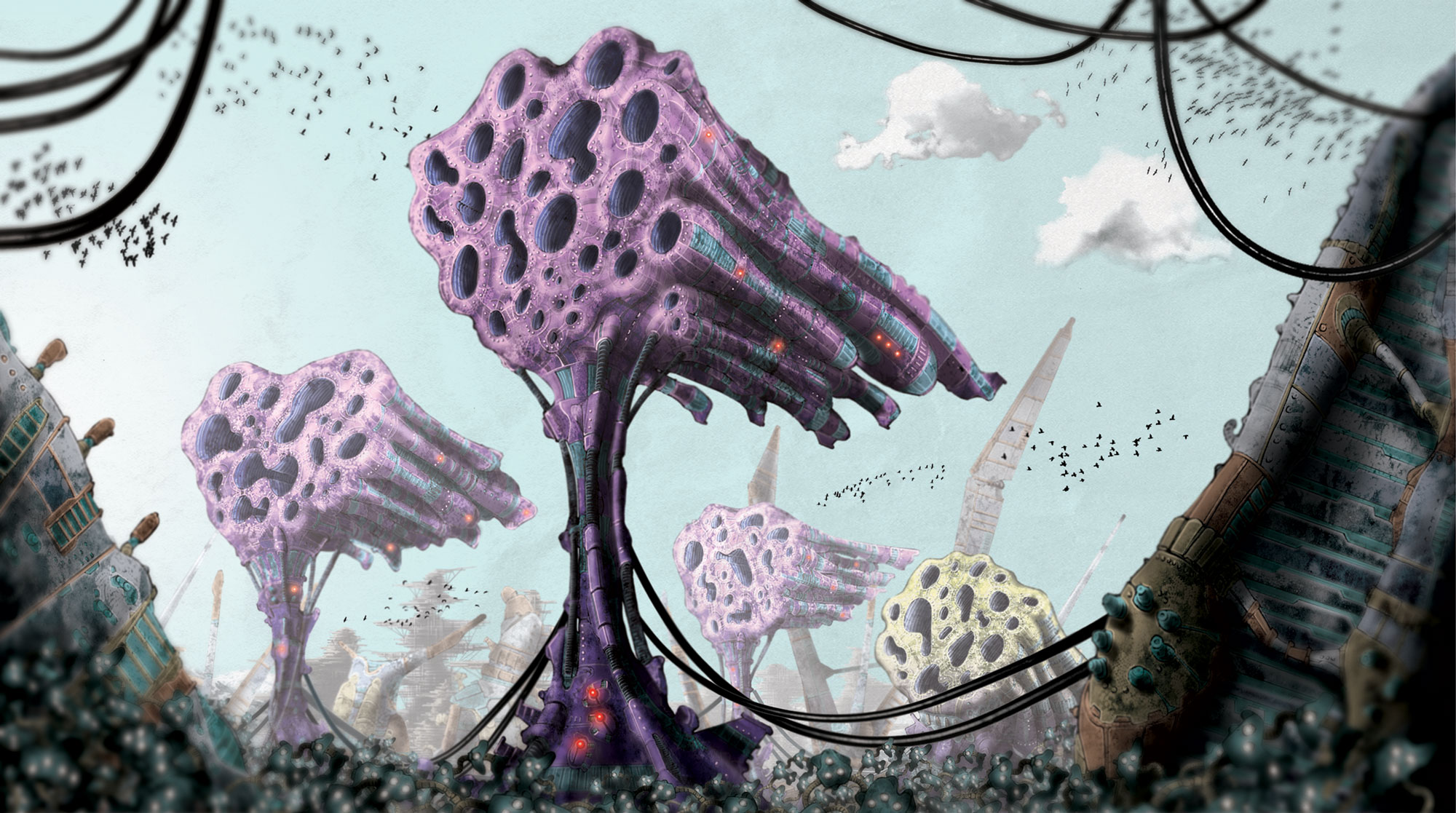 An illustration of abstract purple and yellow tree like shapes with hollow, horizontal tube shaped tops. 
