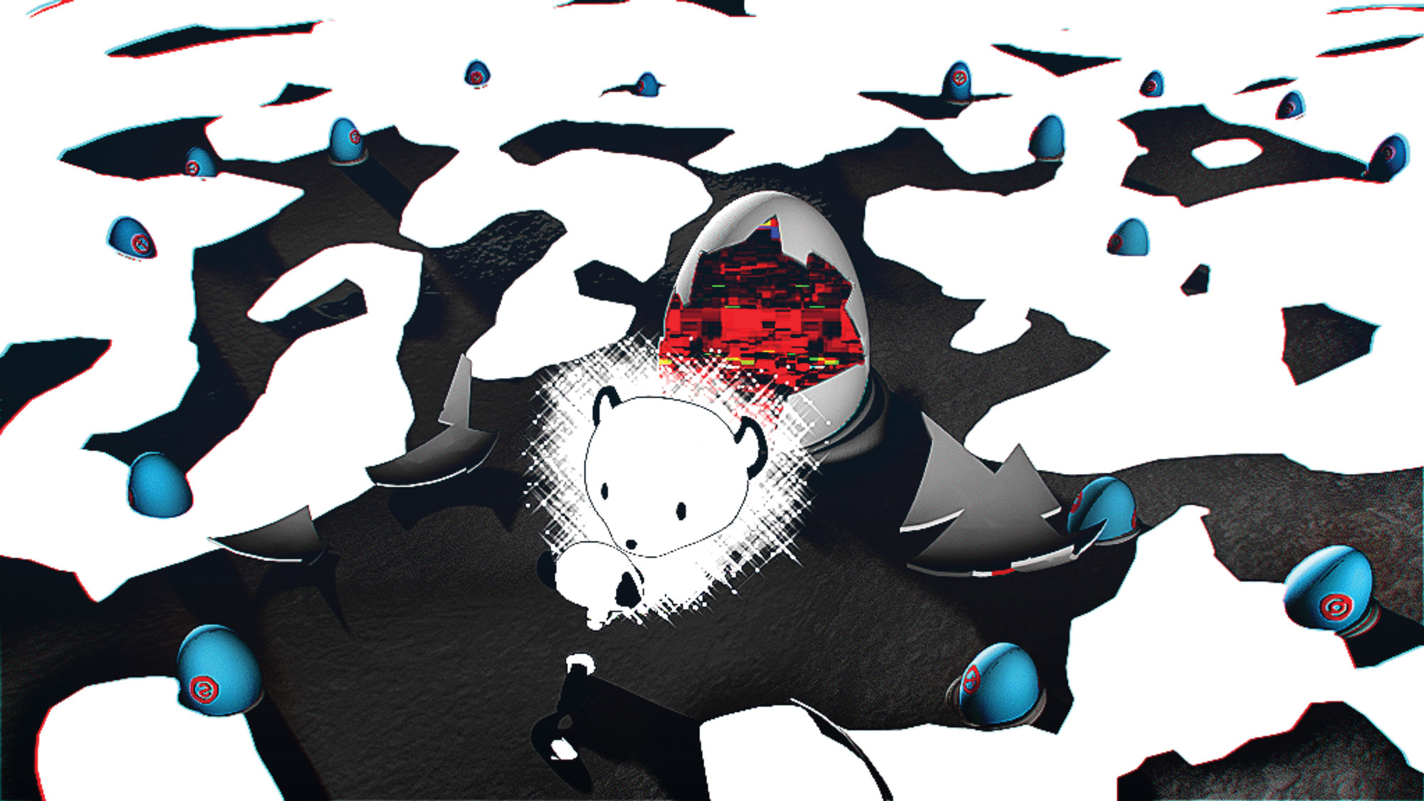 An abstract illustrated scene of a panda head floating in the middle of a scene of black and white crags. The panda head floats in front of a red egg. 