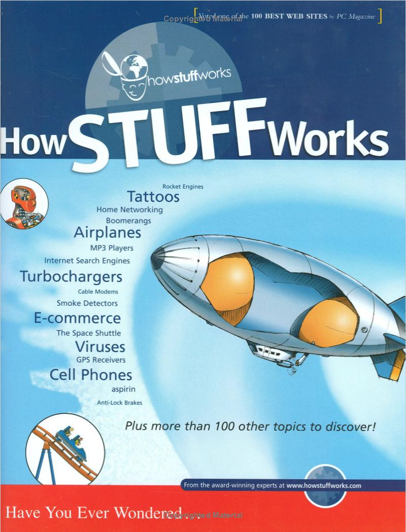 An illustration of a cross section of a blimp on a blue background with the text "How STUFF Works" in white font across the top. 