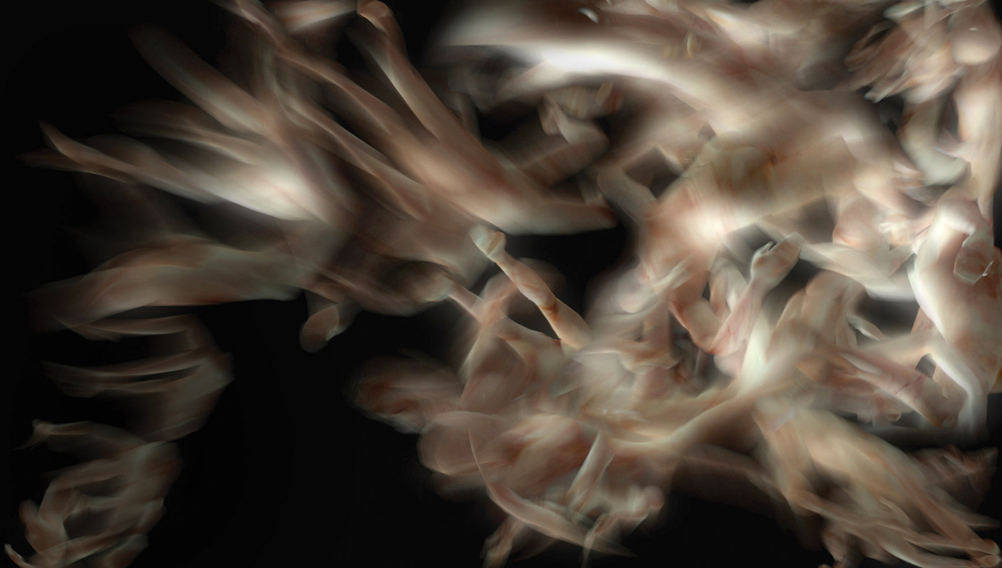 Abstract image of wispy pale human-esque forms floating through black space. 