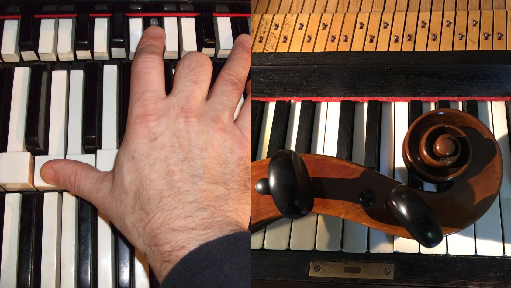 a split screen image of a hand playing a piano on the left and the head of a string instrument laying across piano keys on the right. 