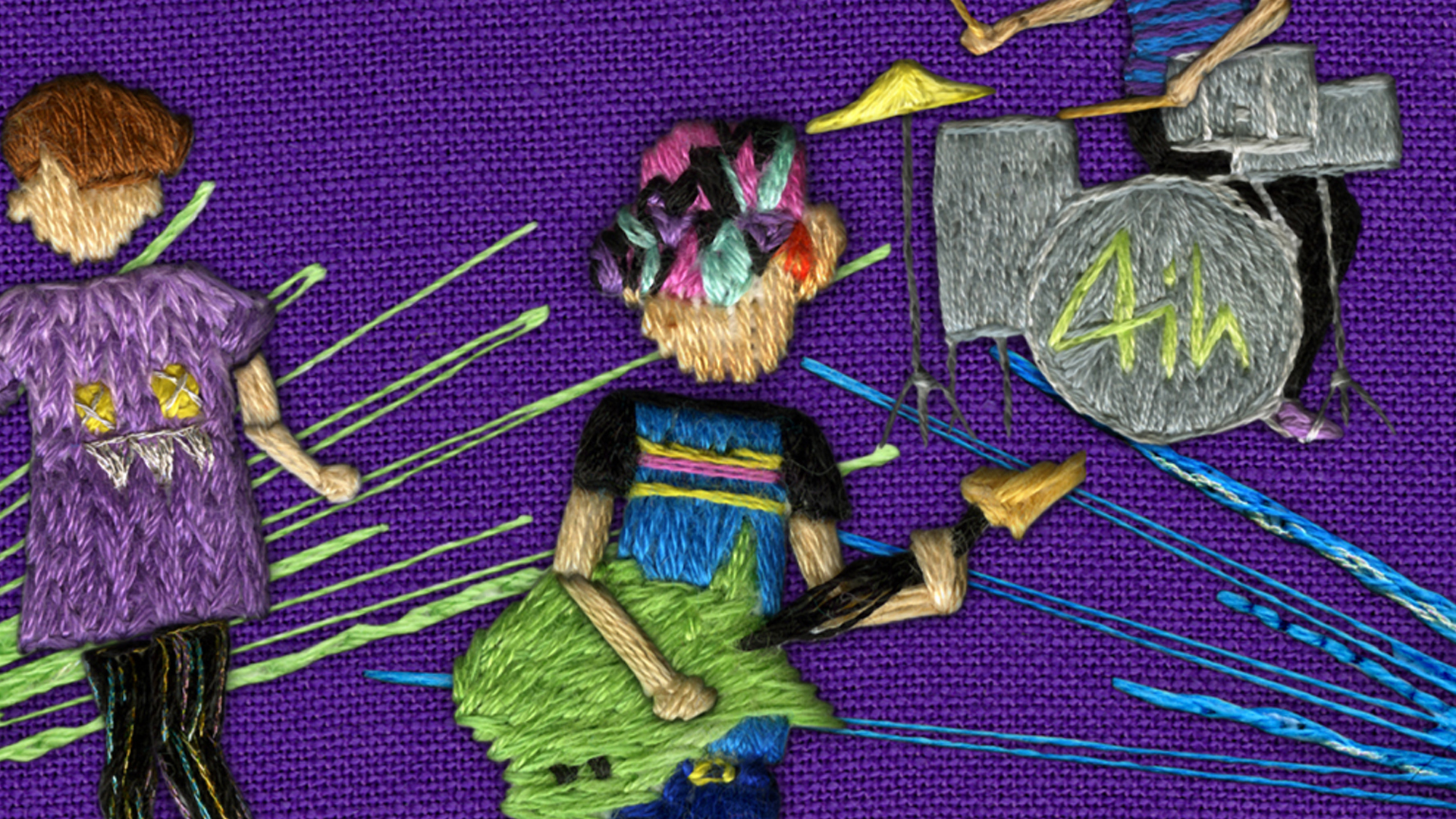 An embroidered person playing a lime green guitar on a purple background. 