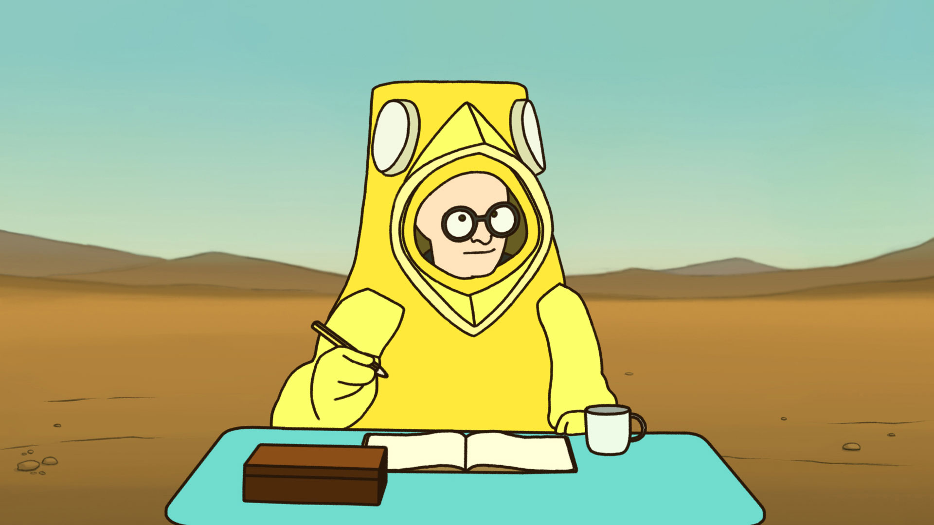 An animated man wearing a yellow hazmat suit sitting at a teal desk writing in a notebook in a mars like setting. 