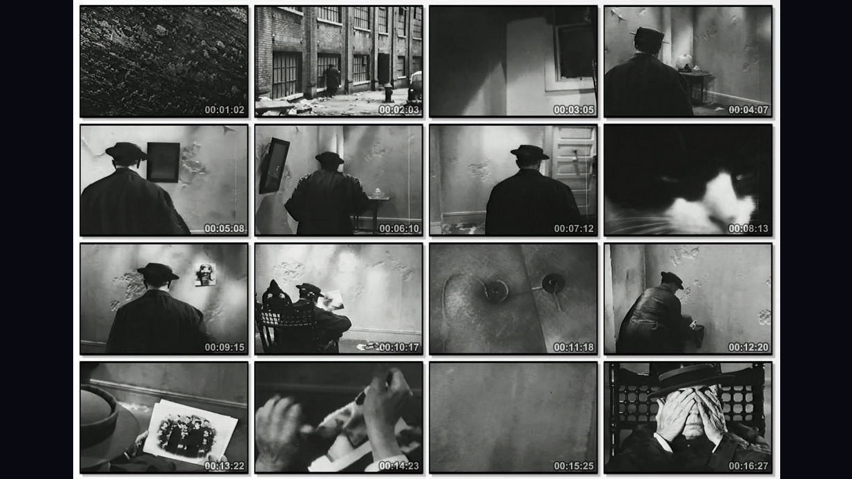 A grid of sixteen vintage film stills depicting a man wearing a 30's era trench coat and hat walking up to and through a distressed building. 