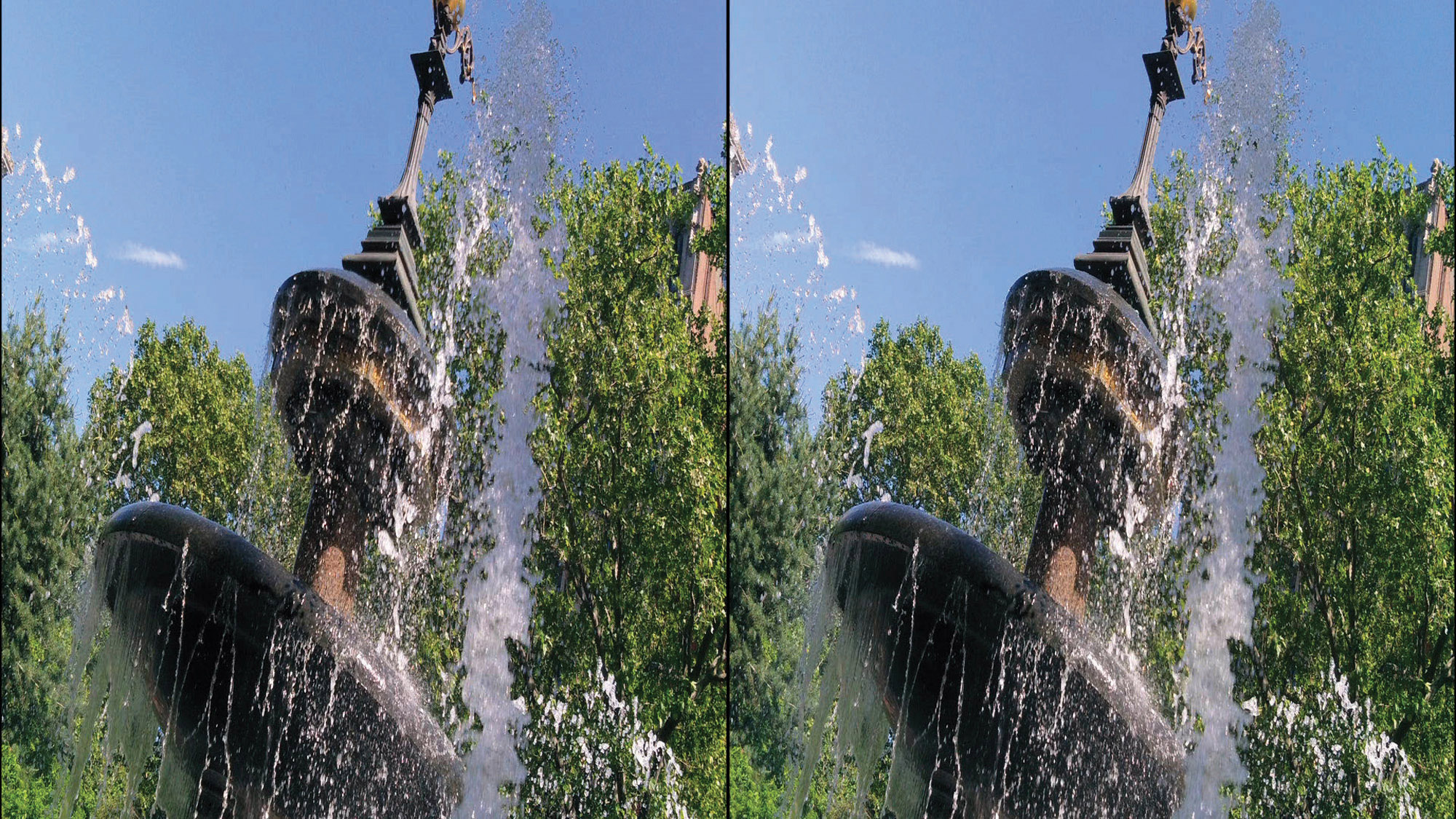A double image of a fountain against greenery and a blue sky. 