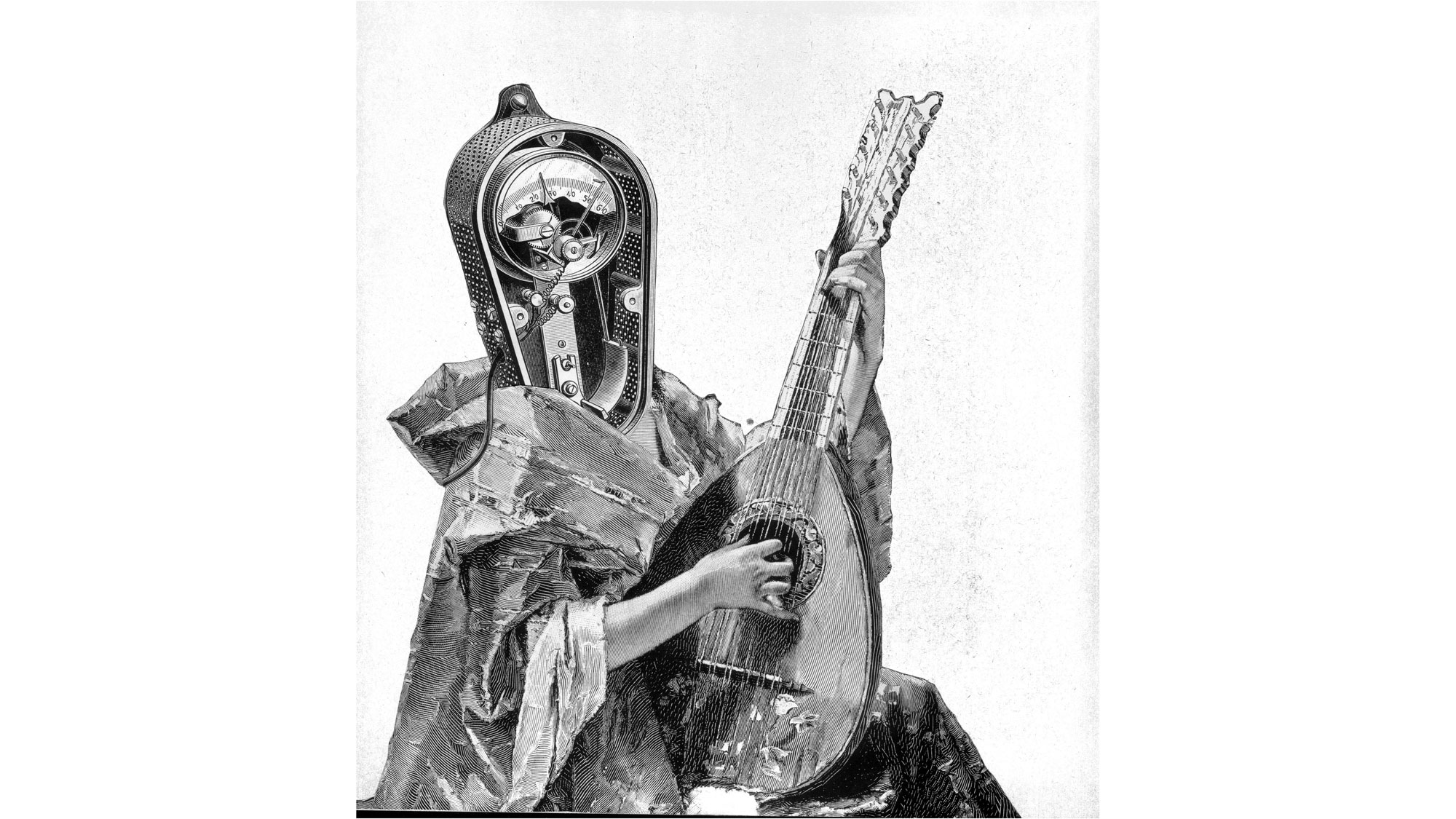 An illustration of a human body playing a mandolin with a gauge or clock as a head. 