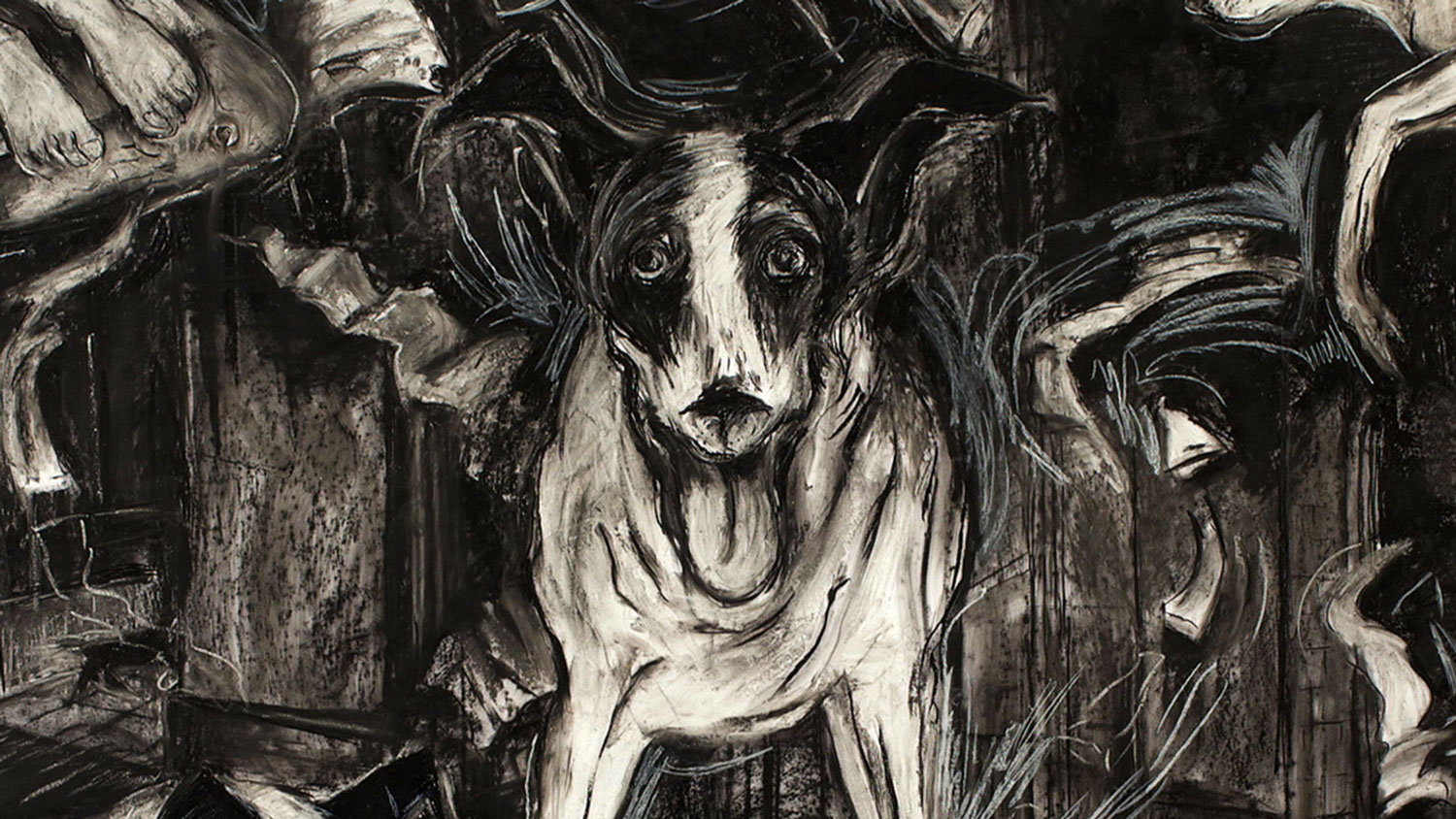 A black and white chalk sketch of Laurie Anderson's dog, Lolabelle looking directly at the viewer with tongue out and ears erect. 