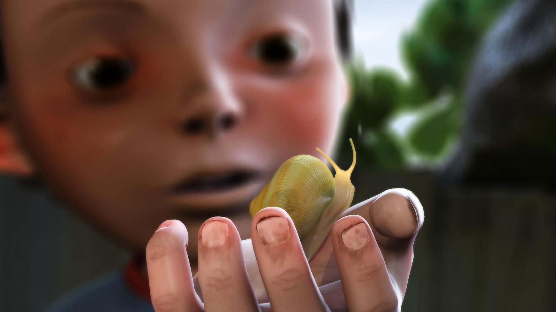 A CGI image of a young child holding a yellow snail up to the viewer. 