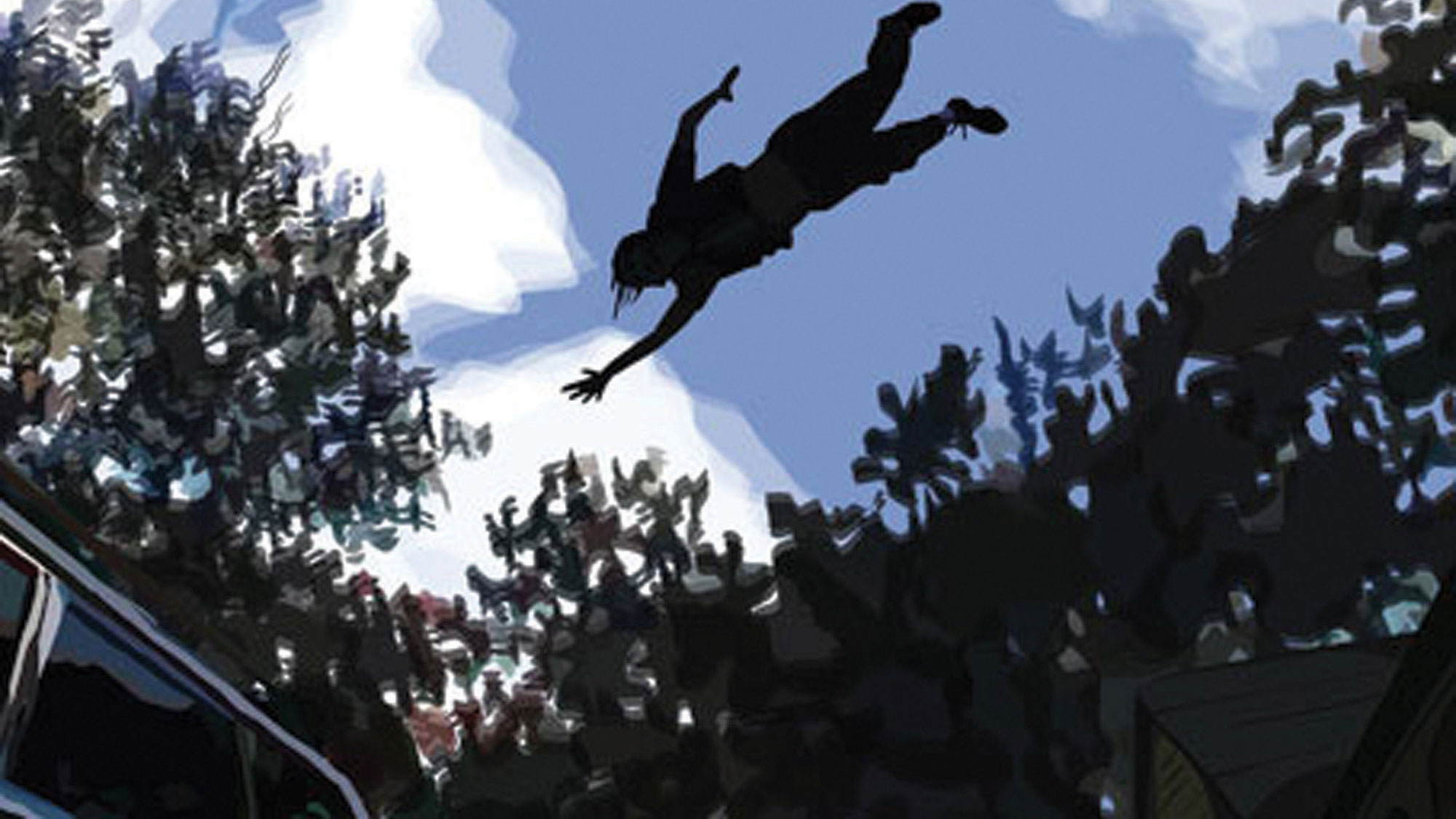 A man flying through the air with one arm reaching forward against a blue sky and foliage. 