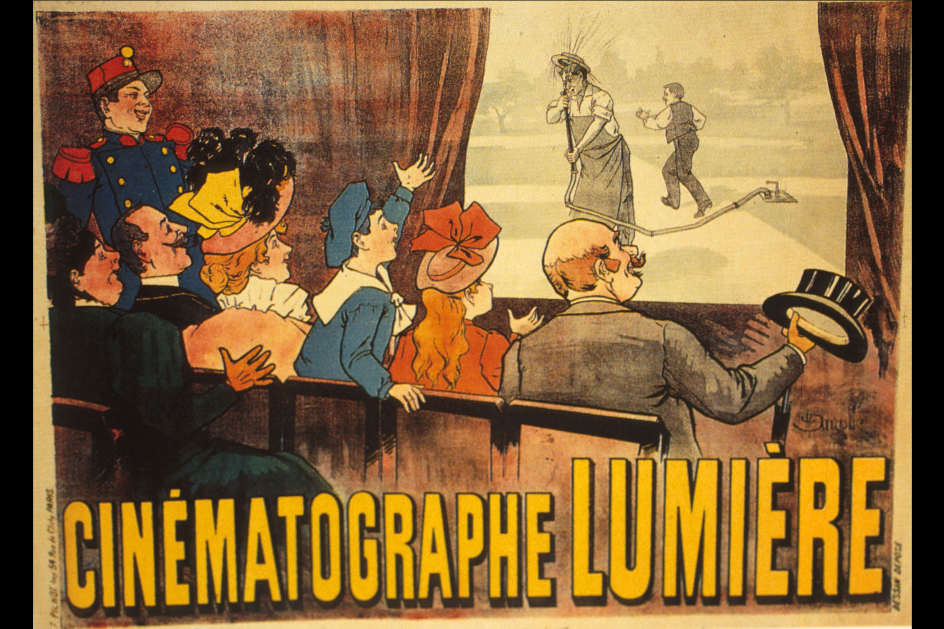 1800's hand drawn film poster showing a crowd dressed in period clothing cheering at a movie screen. 