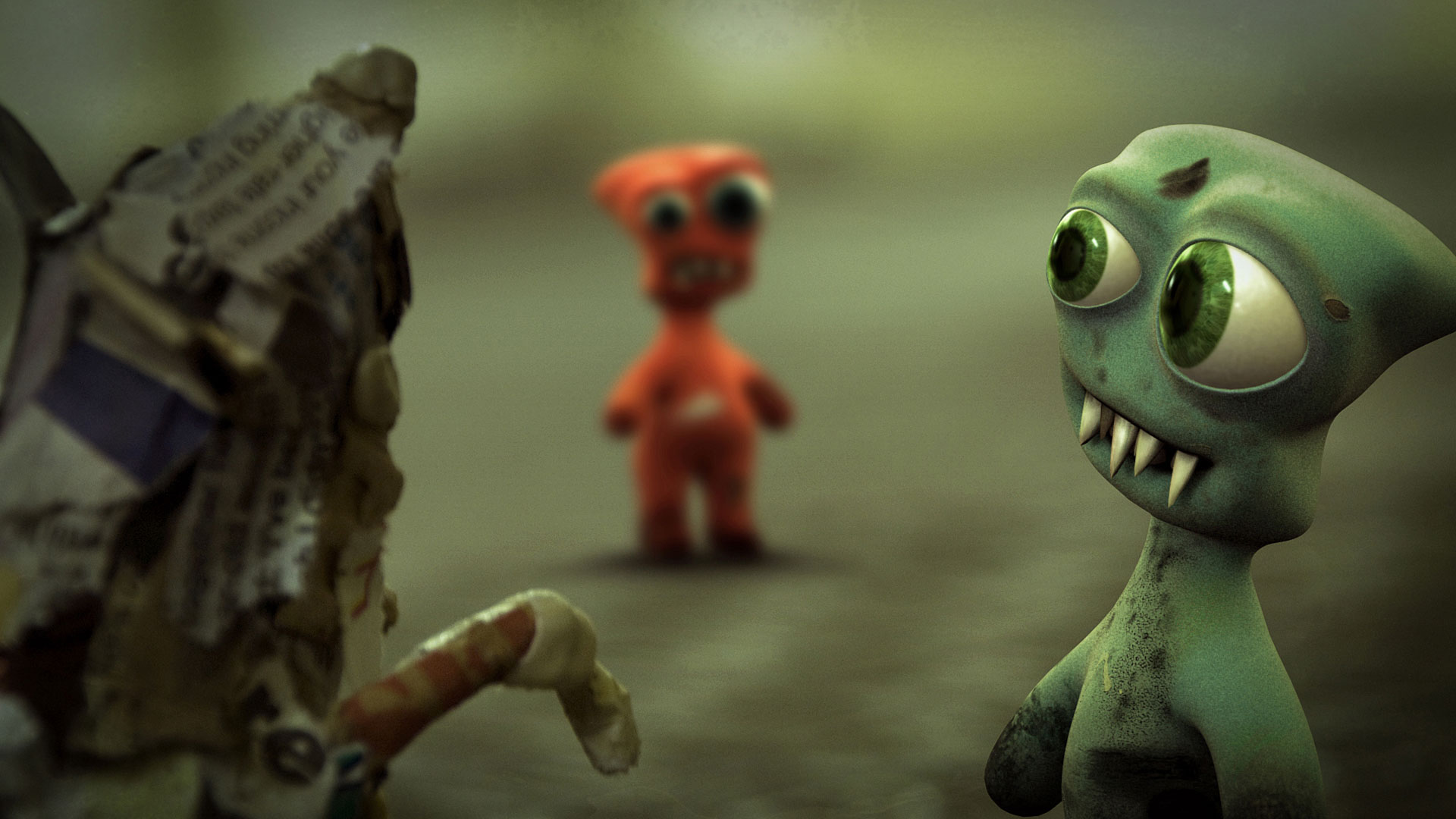An animation still of a small screen creature with large eyes and pointed teeth looking at a pile of ripped newspaper as another similarly styled orange creature looks on. 