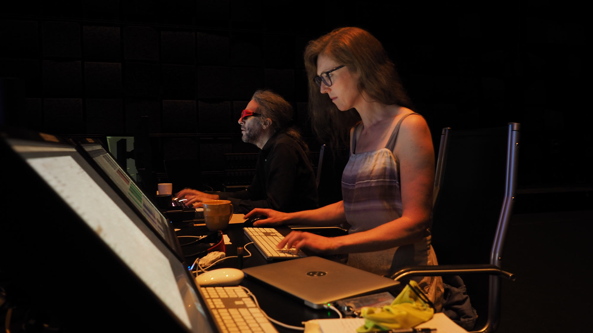 natasha barrett and marc downie seated in front of multiple computers 