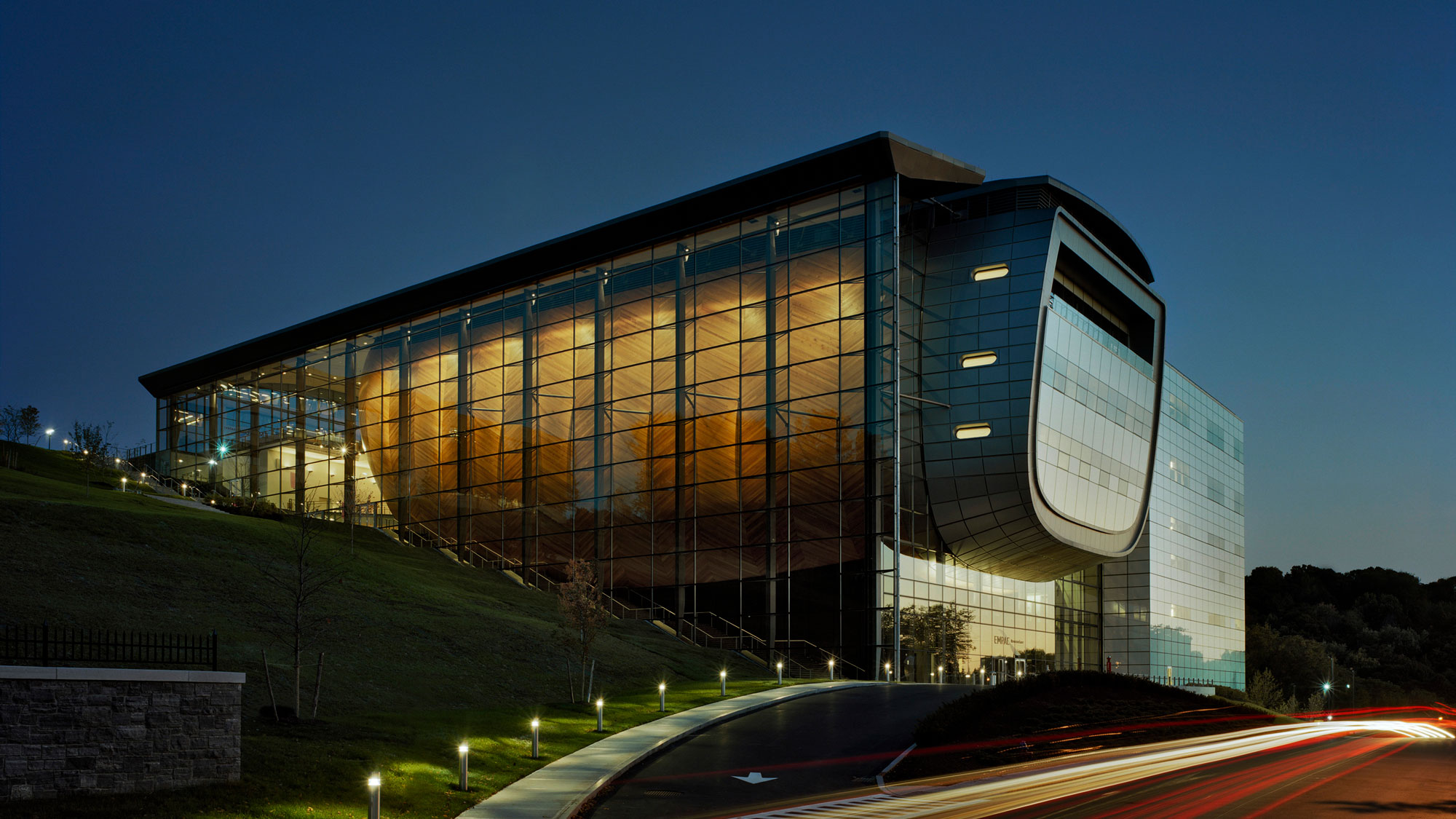 EMPAC's north facade at night