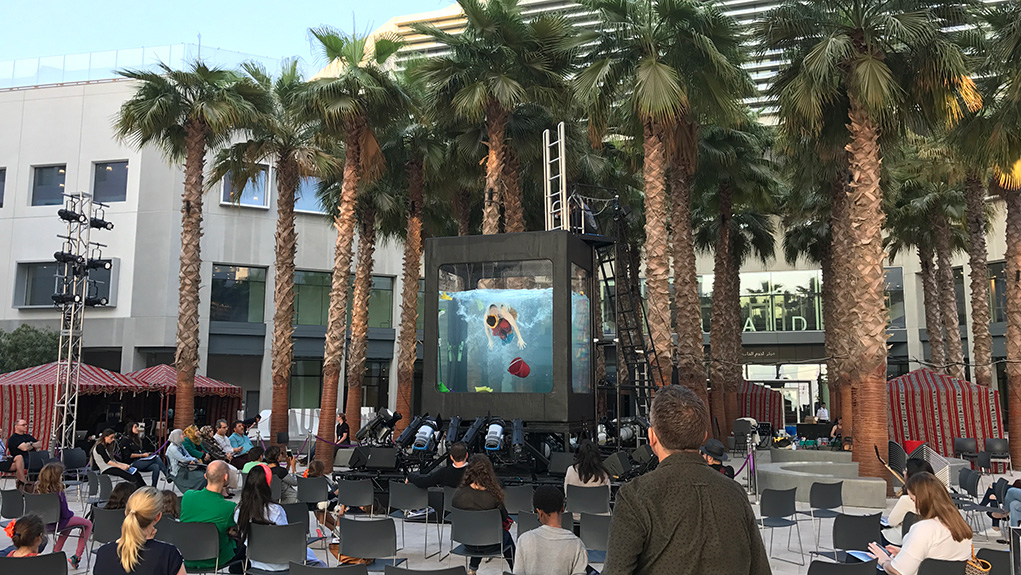 tank with performer in Abu Dhabi as part of EMPAC commission holoscenes, 2016