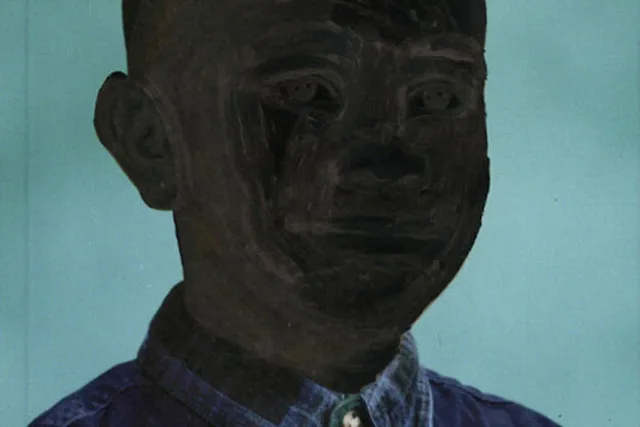 A painting of a young Black man in a denim shirt on a teal background. 