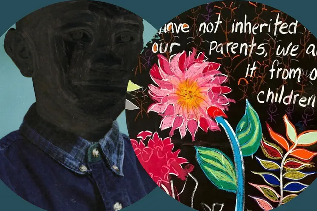 A painting of a young Black man wearing a denim button up shirt next to a mural with of colorful flowers and not fully legible text. 