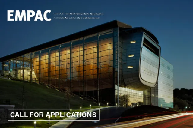 The exterior of EMPAC as cars blurred in motion pass not he street below, call for applications, EMPAC 