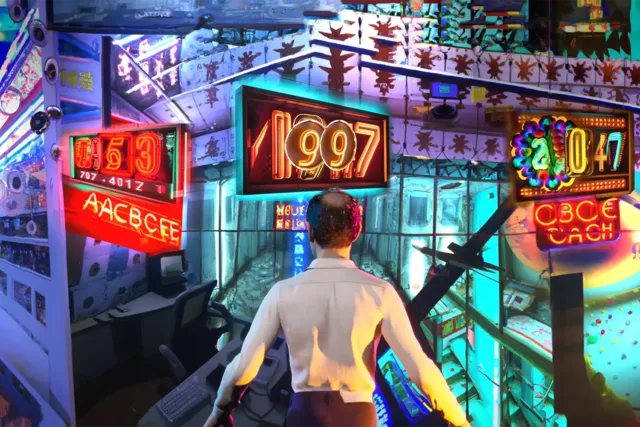 an avatar stares at a times square-like scene with a billboard that say 1997