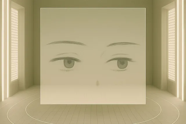 A central rectangular box with anime-inspired eyes in them floats in front of a gold yellow computer-drawn background.