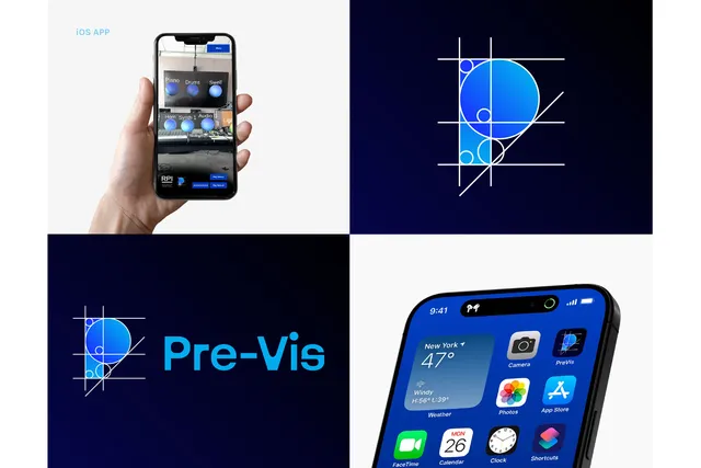 pre-vis logo and a hand holding an iphone