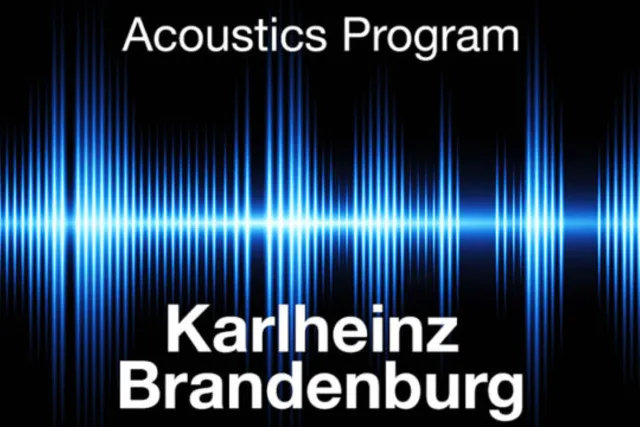 A blue sound wave showing amplitude on a black background. White text reads "Acoustics Program, Karlheinz Brandenburg". 