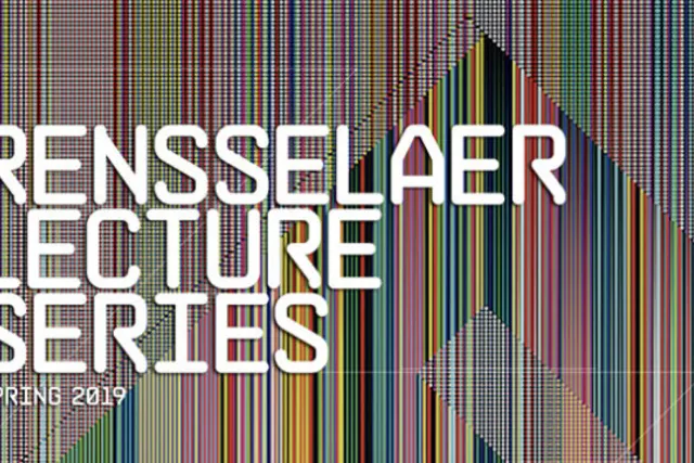 Abstract rainbow stripes, white text reads "spring 2019 lecture series" 