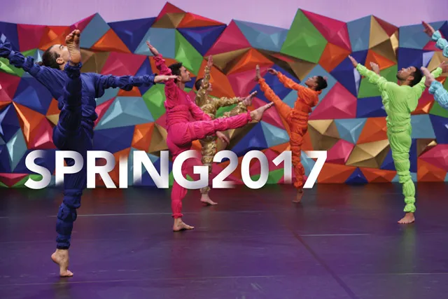 Five dancers wearing neon colored costumes in front of a colorful geometric wall. White text reads "Spring 2017". 