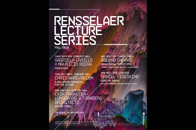 Abstract rainbow crags with white text over top reading "Rensselaer Lecture Series" 