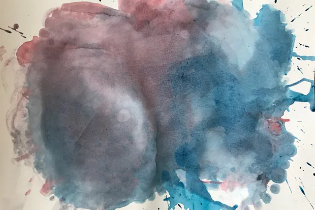 An abstract painting of seemingly splattered blue and pink ink resembling a buttocks. 