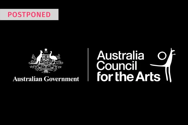 Black background with white text logo reading "australian council for the arts, postponed". 