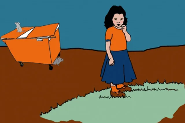 An illustration of a girl wearing an orange top and blue skirt standing on a patch of green grass with an orange dumpster in background. 