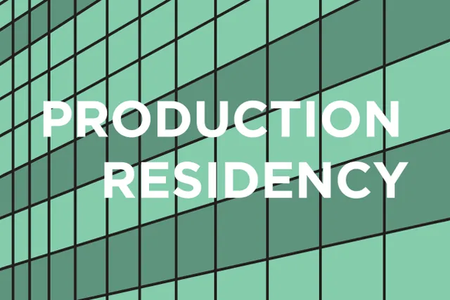 Production Residency in white bold text over a grid of light and dark green squares. 