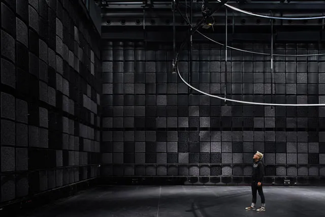 A man in a room full of black acoustic tiles with a rigging apparatus hanging above.  