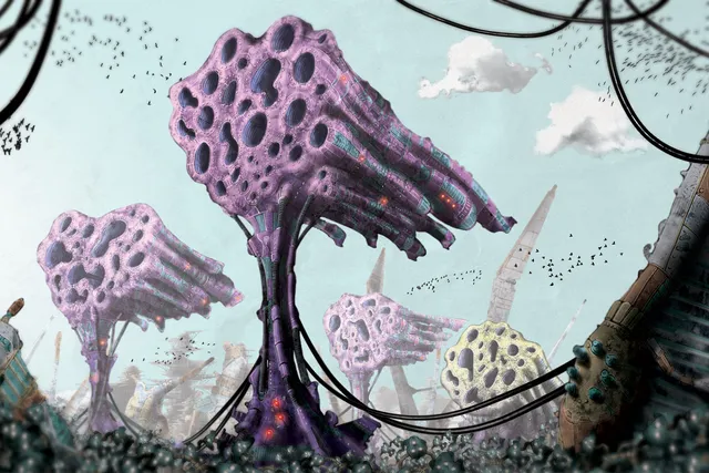 An illustration of abstract purple and yellow tree like shapes with hollow, horizontal tube shaped tops. 
