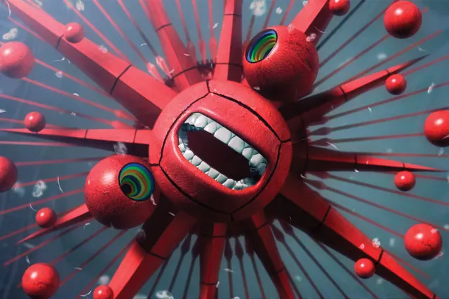 A computer generated image of a 3D red starburst shape with human teeth and green eye's on opposite sides of the mouth on a steel blue background. 