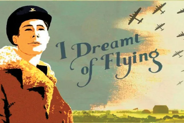 A vintage 1940s illustration of a pilot wearing a period bomber jacket and military hat next to text reading "I dream of flying" written across the blue sky and clouds.