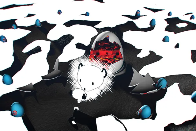 An abstract illustrated scene of a panda head floating in the middle of a scene of black and white crags. The panda head floats in front of a red egg. 
