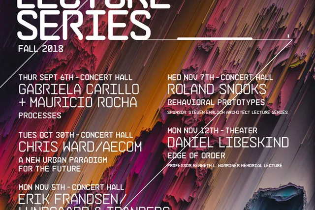 Abstract rainbow jutting across the screen with white text over top reading "Rensselaer Lecture Series, FALL 2018". 