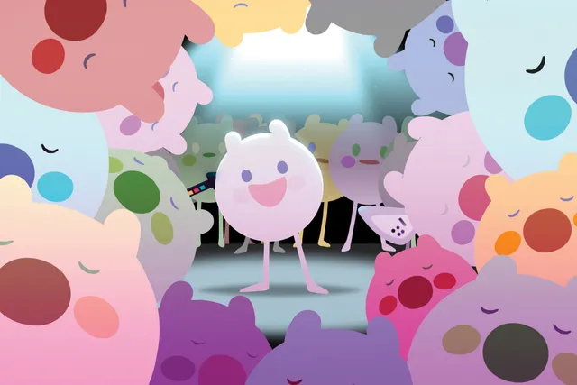 An animated scene of cartoon pigs in various pastel colors making a frame around one figure. 