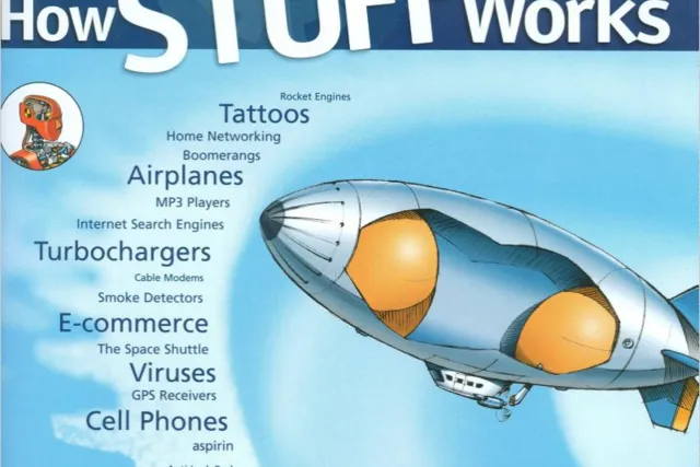 An illustration of a cross section of a blimp on a blue background with the text "How STUFF Works" in white font across the top. 