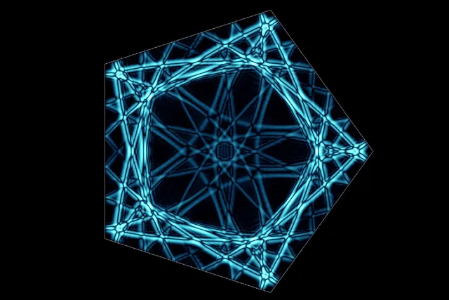 A computer draw image of blue lines of line making the shape of a pentagon. 