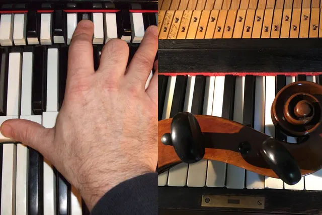 a split screen image of a hand playing a piano on the left and the head of a string instrument laying across piano keys on the right. 