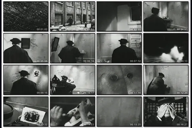 A grid of sixteen vintage film stills depicting a man wearing a 30's era trench coat and hat walking up to and through a distressed building. 